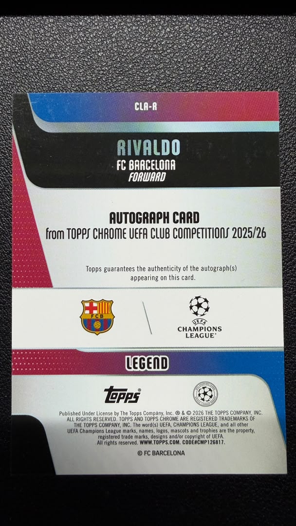 Rivaldo 2025-26 Topps Chrome UEFA Chrome Legends Blue Refractor Auto 025/150 #CLA-R – FC Barcelona