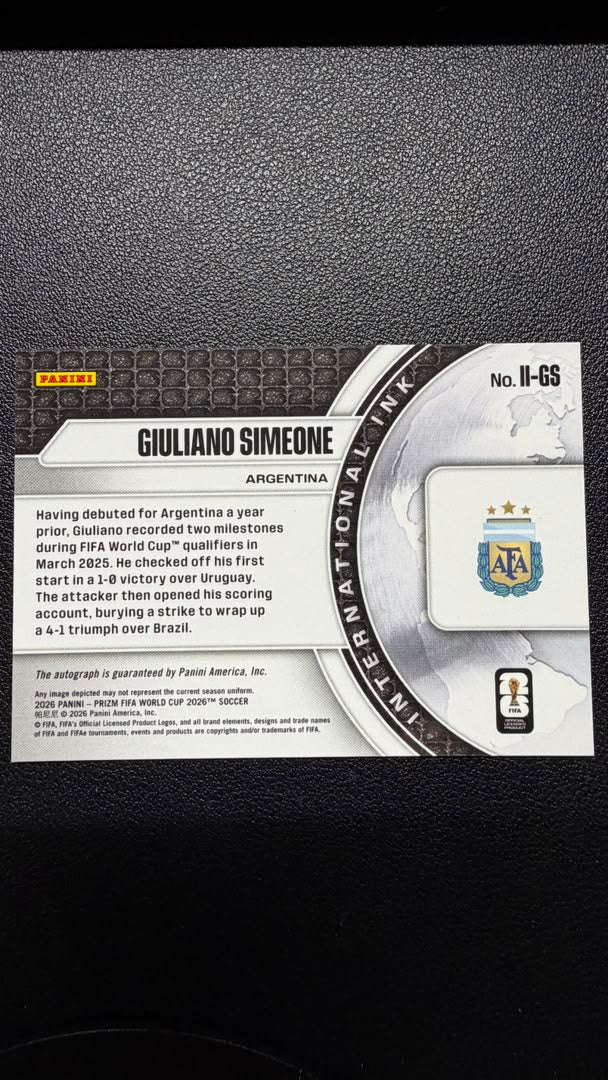 Giuliano Simeone 2026 Panini Prizm FIFA World Cup International Ink Auto #II-GS – Argentina