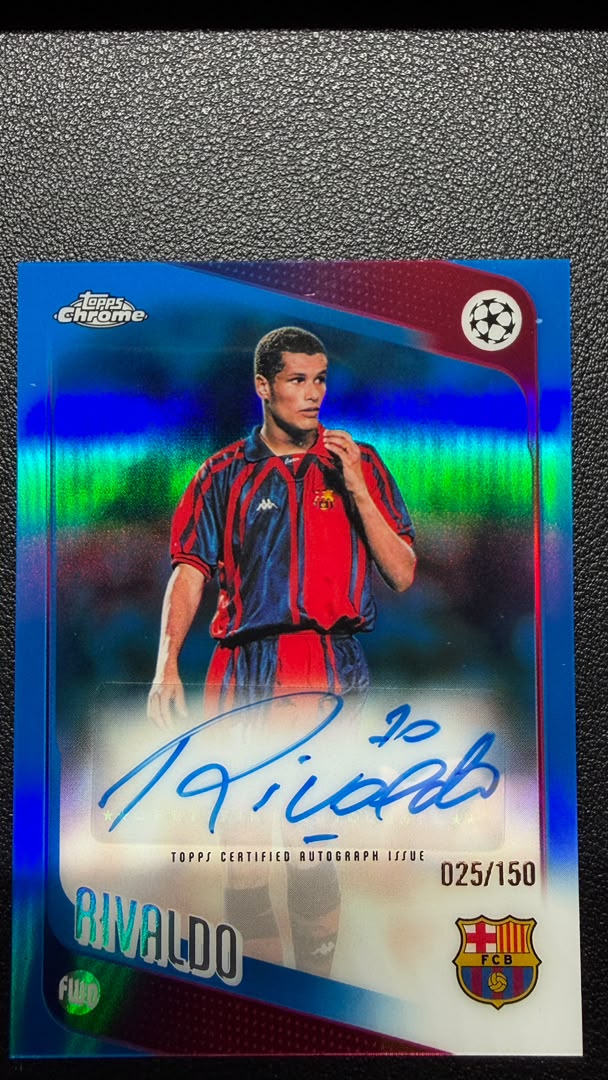 Rivaldo 2025-26 Topps Chrome UEFA Chrome Legends Blue Refractor Auto 025/150 #CLA-R – FC Barcelona
