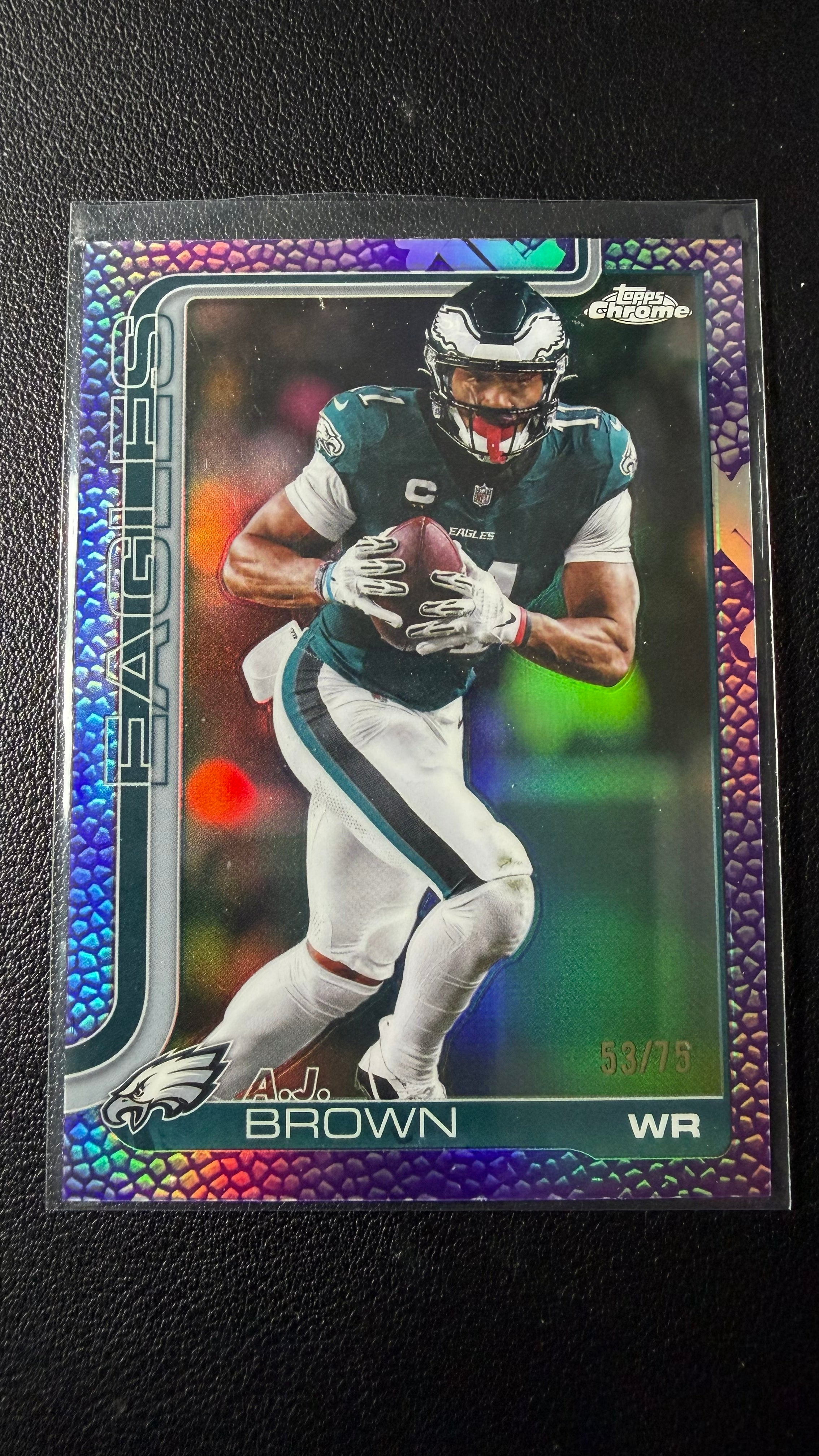 A.J. Brown 2025 Topps Chrome Purple Football Leather Refractor /75 #243 – Eagles