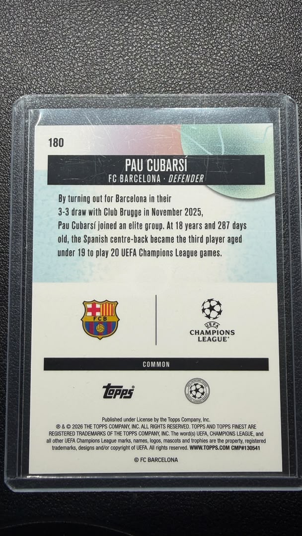 2025-26 Topps Finest UEFA Pau Cubarsí Gold Refractor /50 #180
